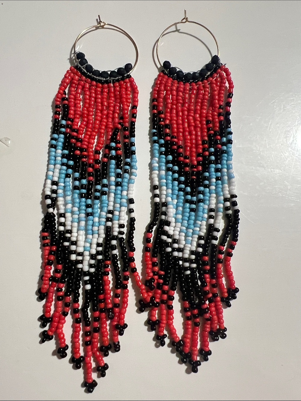 Handmade Seed Bead Fringe Hoop Earrings - Red, Black, Light Blue & White